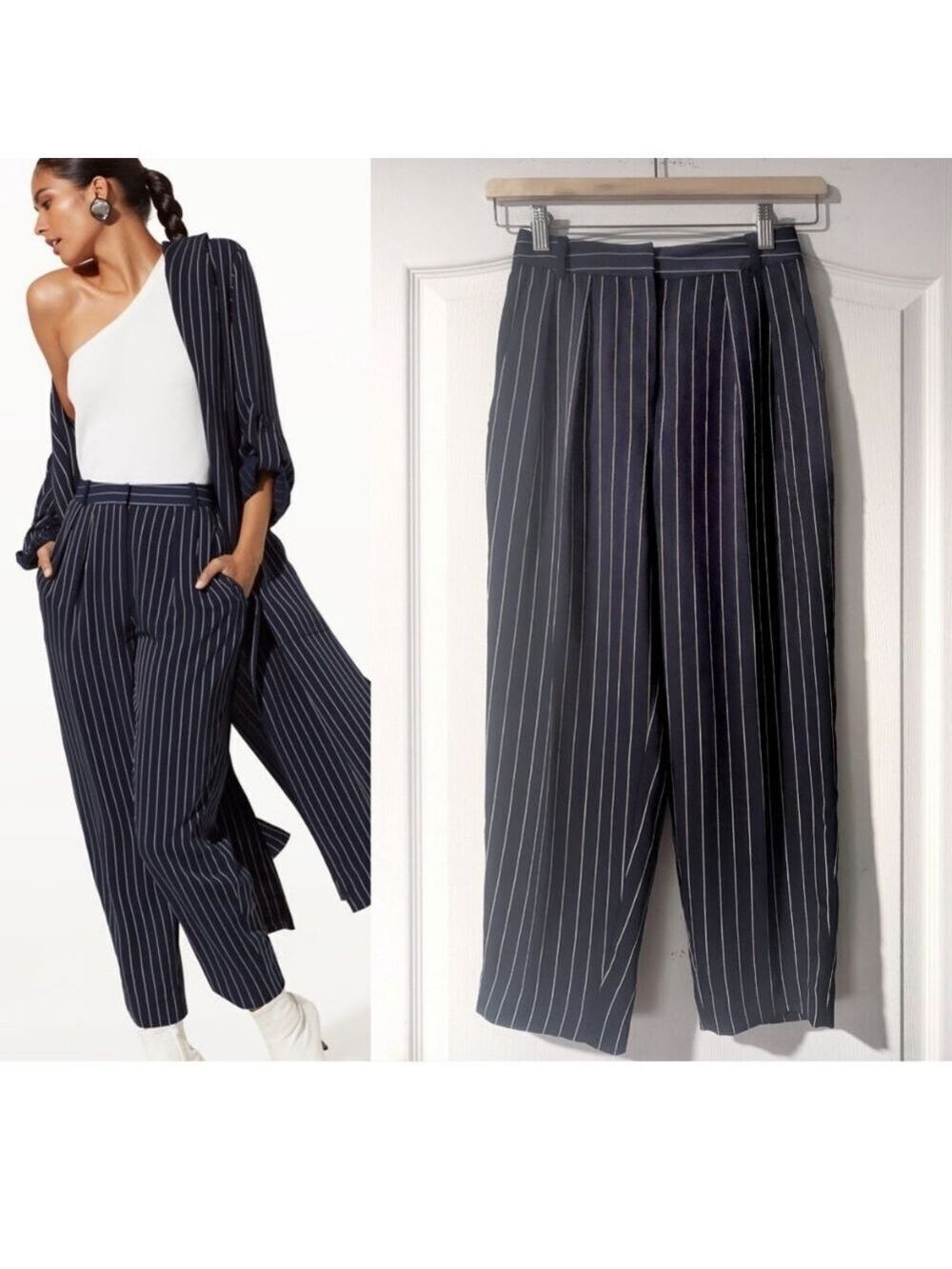 Aritzia Babaton | Modesto Pinstripe Cropped Trousers In Navy/Birch